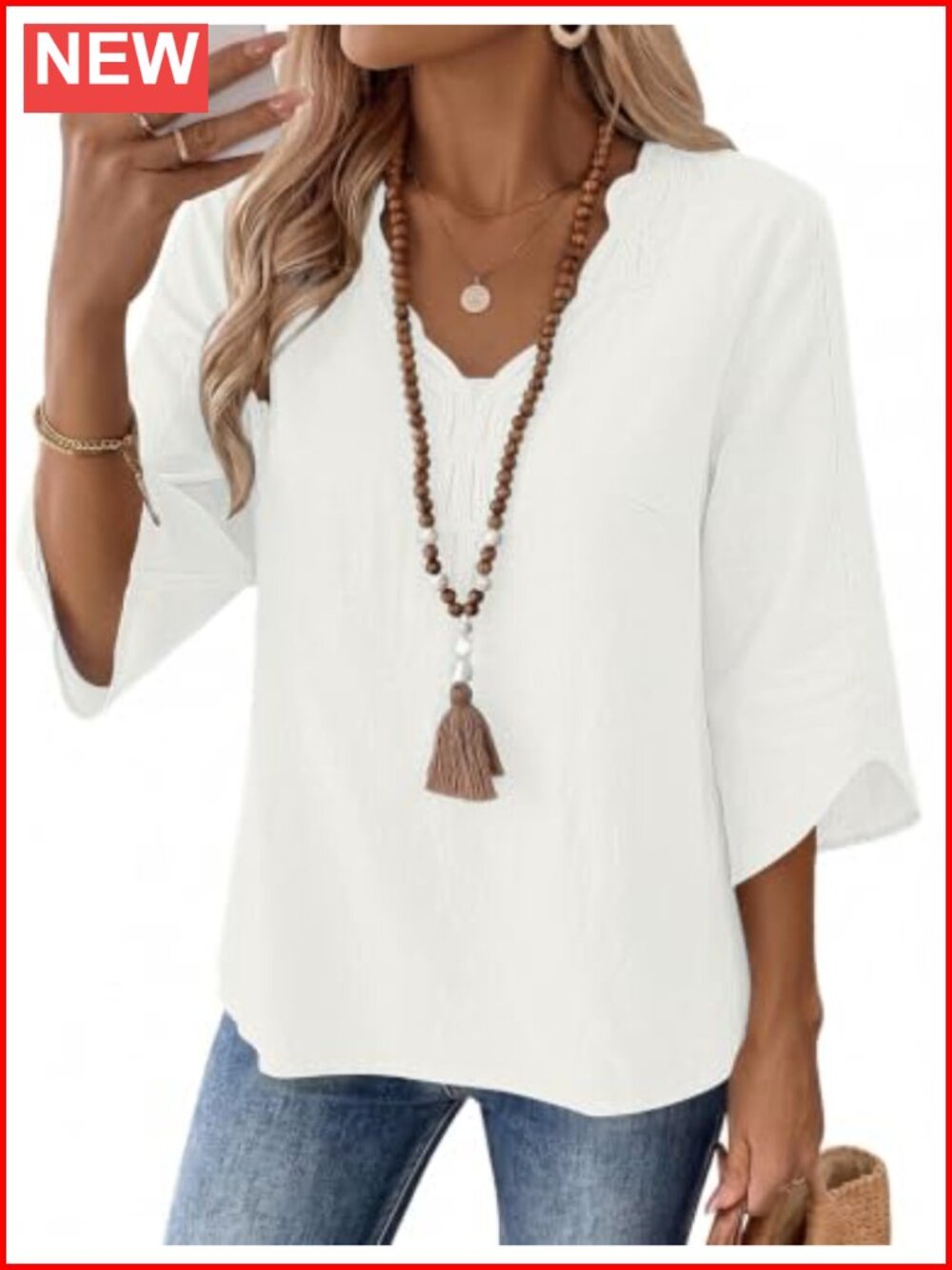 Linen Blend 3/4 Sleeve V-Neck Lace Trim Tunic Top
